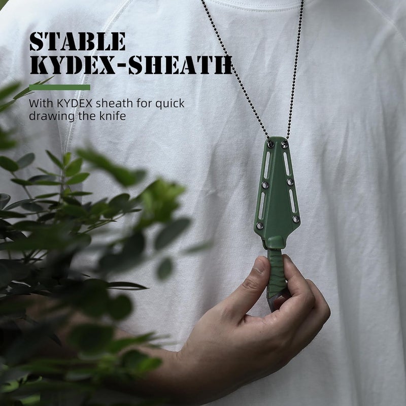 Omesio Neck Knife, Full Tang Small Fixed Blade Knife with Sheath, 6.38” Necklace Knife for Men, EDC Everyday Carry Tactical Knife Suitable for Survival Hiking Camping Outdoor (Green) - Image 4